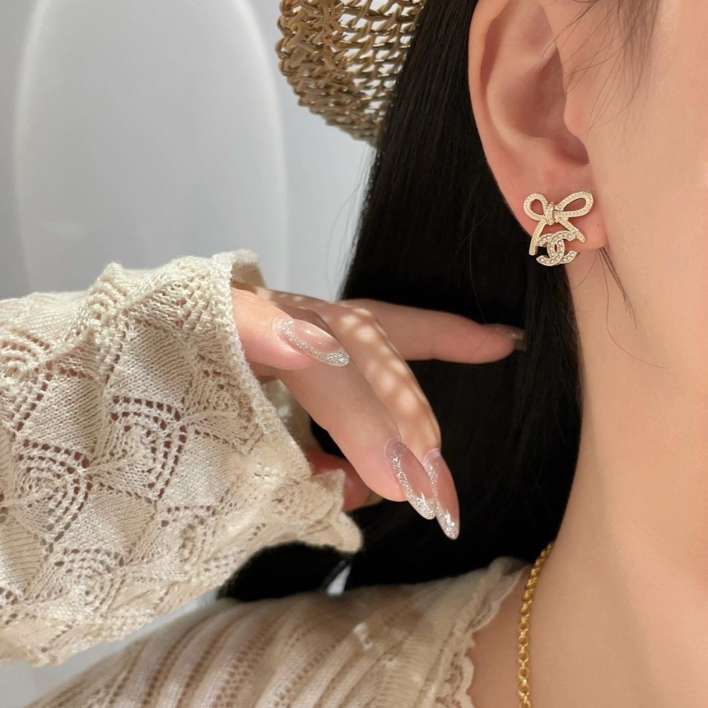 Ch**el Cc Crystal Strass Bow Stud Earrings Gold Abg601 B22434 U4562
