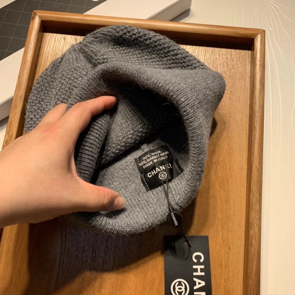 Ch**el Cc Logo Cashmere Beanie Gray