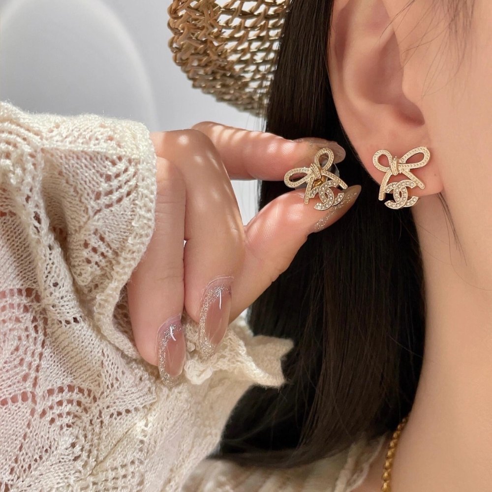 Ch**el Cc Crystal Strass Bow Stud Earrings Gold Abg601 B22434 U4562