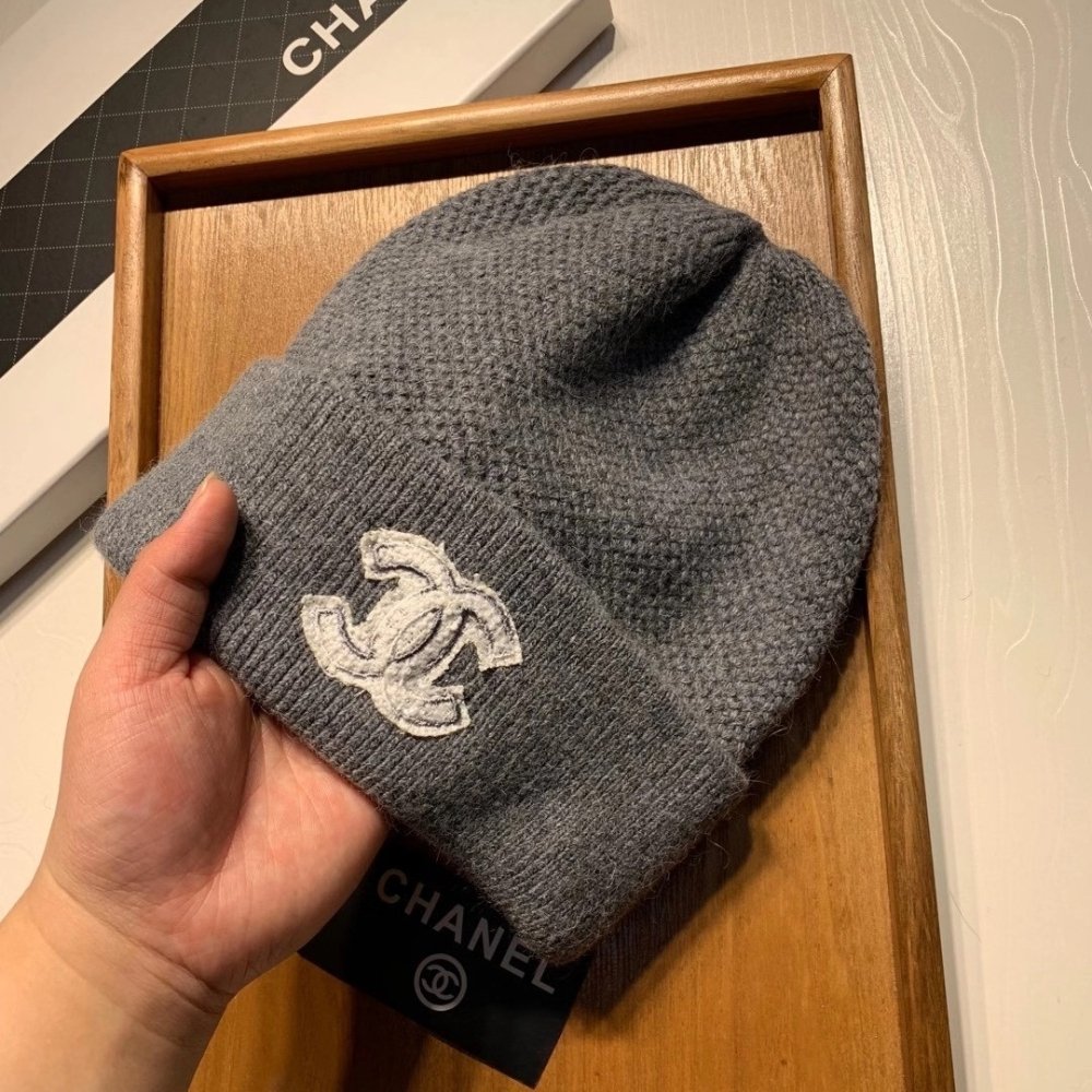 Ch**el Cc Logo Cashmere Beanie Gray