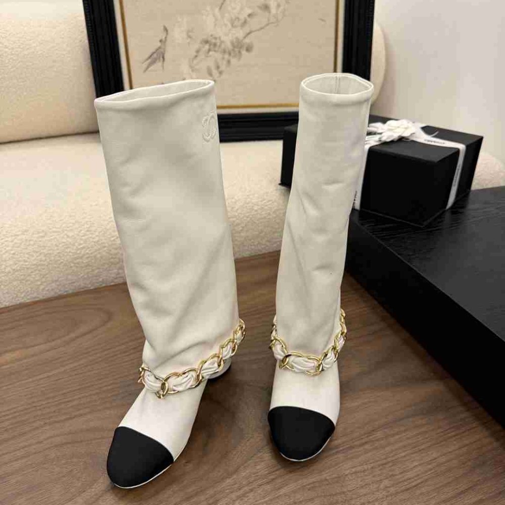 [S*per Vip 1:1] Ch**el High Boots Leather And Grosgrain White G46677 B21755 U3294
