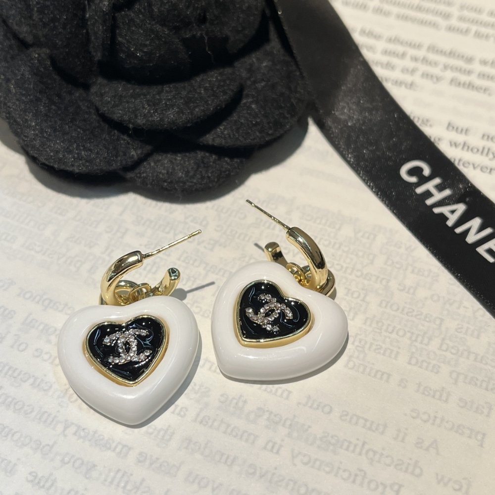 Ch**el Heart Logo Dangle Earrings In White With Gold