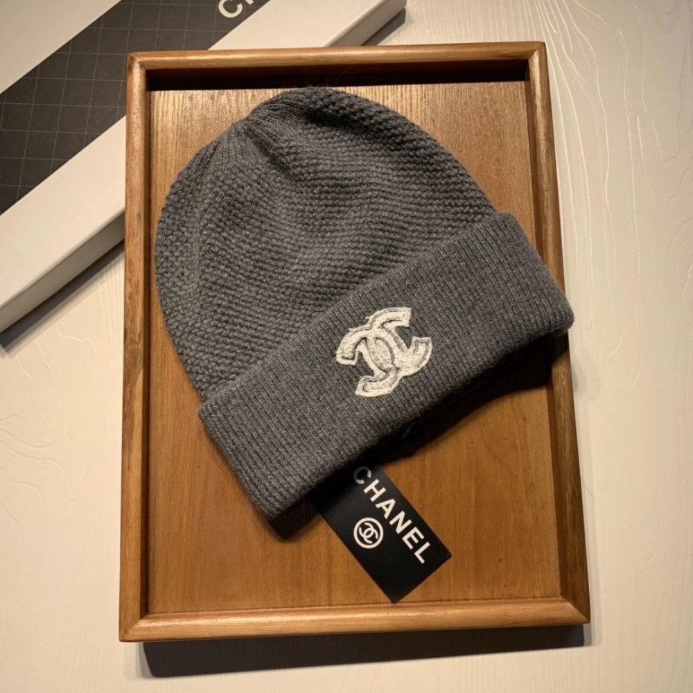 Ch**el Cc Logo Cashmere Beanie Gray