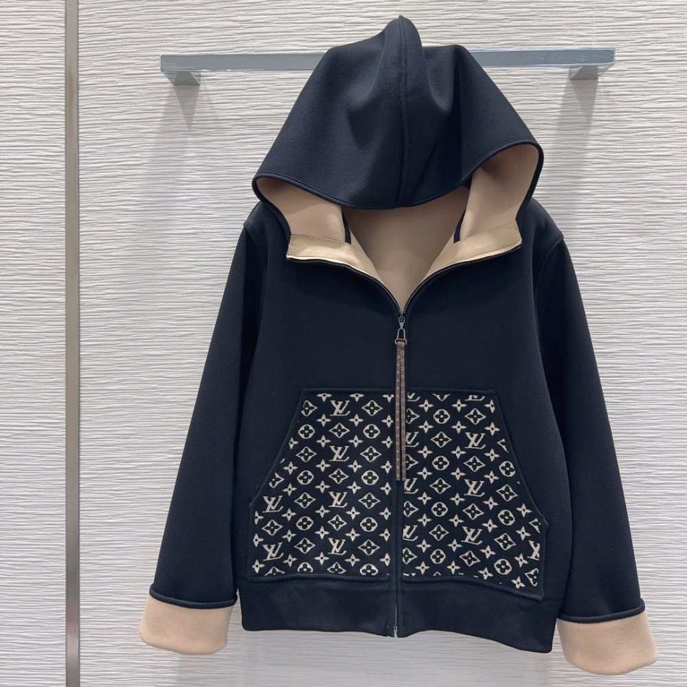 L0vis Vvtt0n Monogram Accent Zip Up Hoodie Black 1Ahzfa