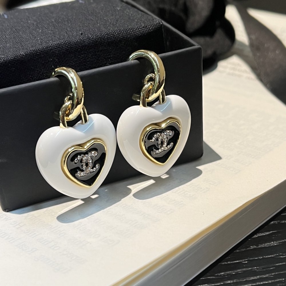 Ch**el Heart Logo Dangle Earrings In White With Gold