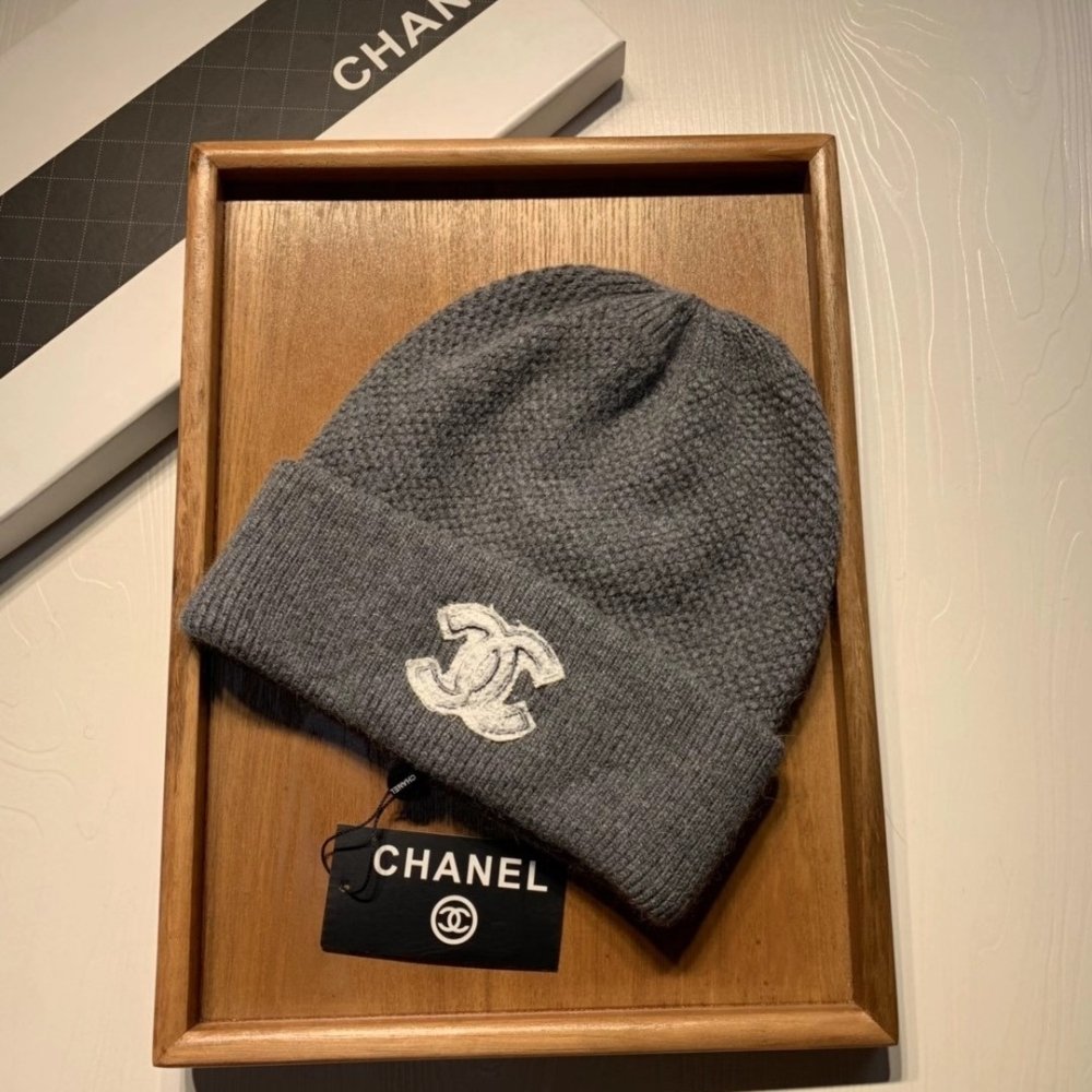 Ch**el Cc Logo Cashmere Beanie Gray