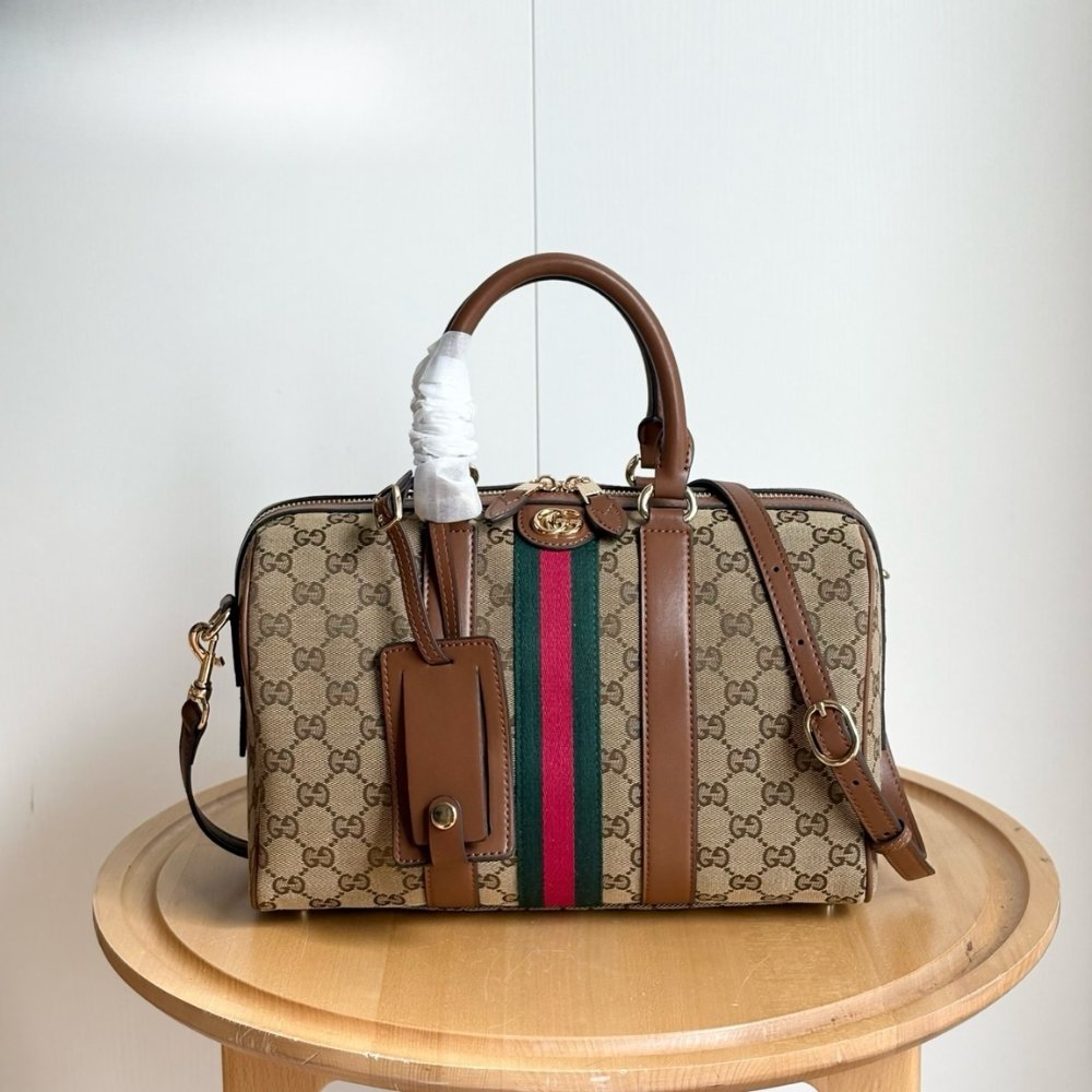 Gvc*1 Ophidia Medium Boston Bag Beige And Brown GG Canvas 30Cm 857595 FAFUF 9870