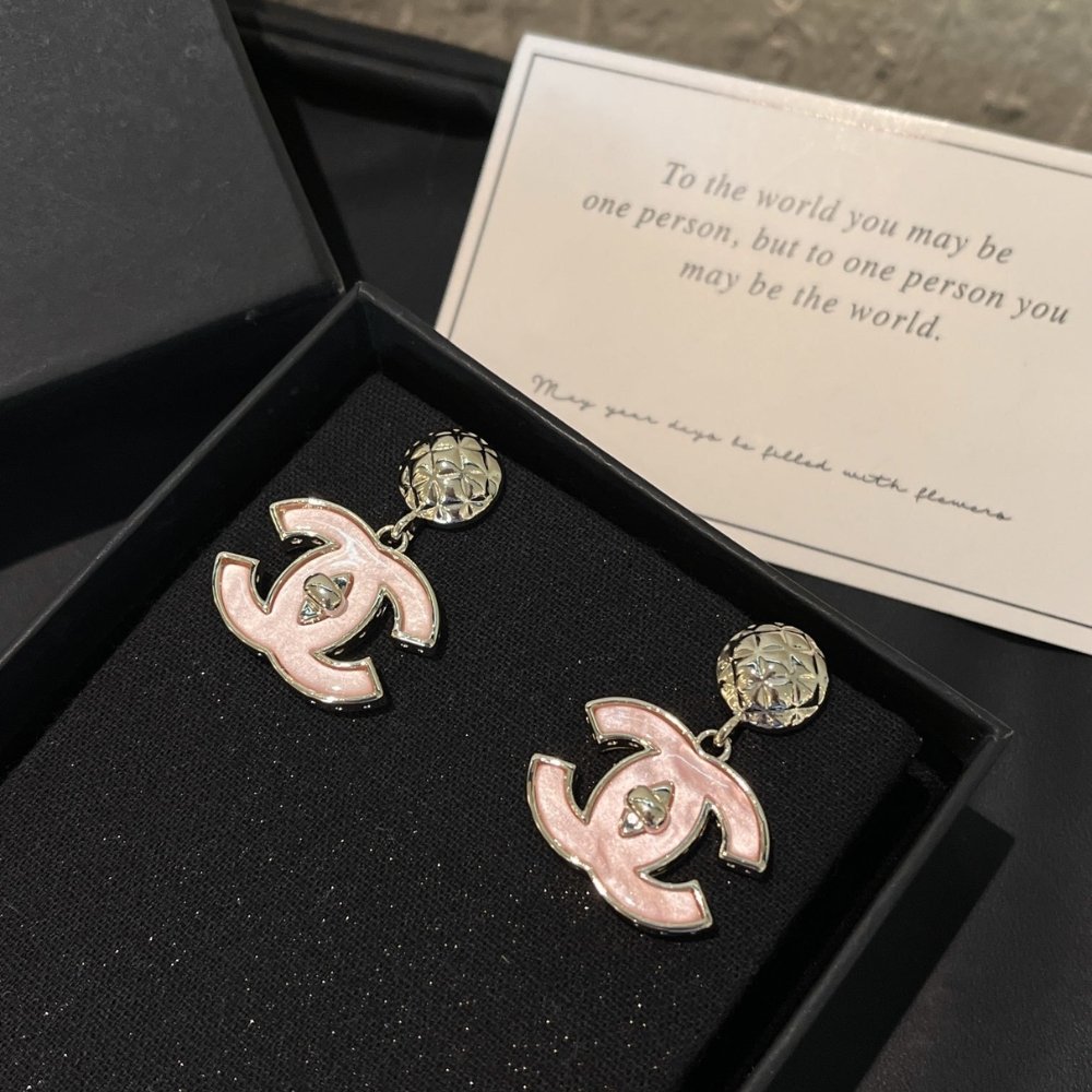 Ch**el Large Enamel Cc Dangle Earrings Light Pink