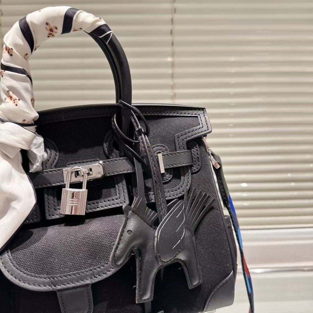 H**me5 Birkin Cargo 25 Travel Bag Black Toile Goeland 25Cm