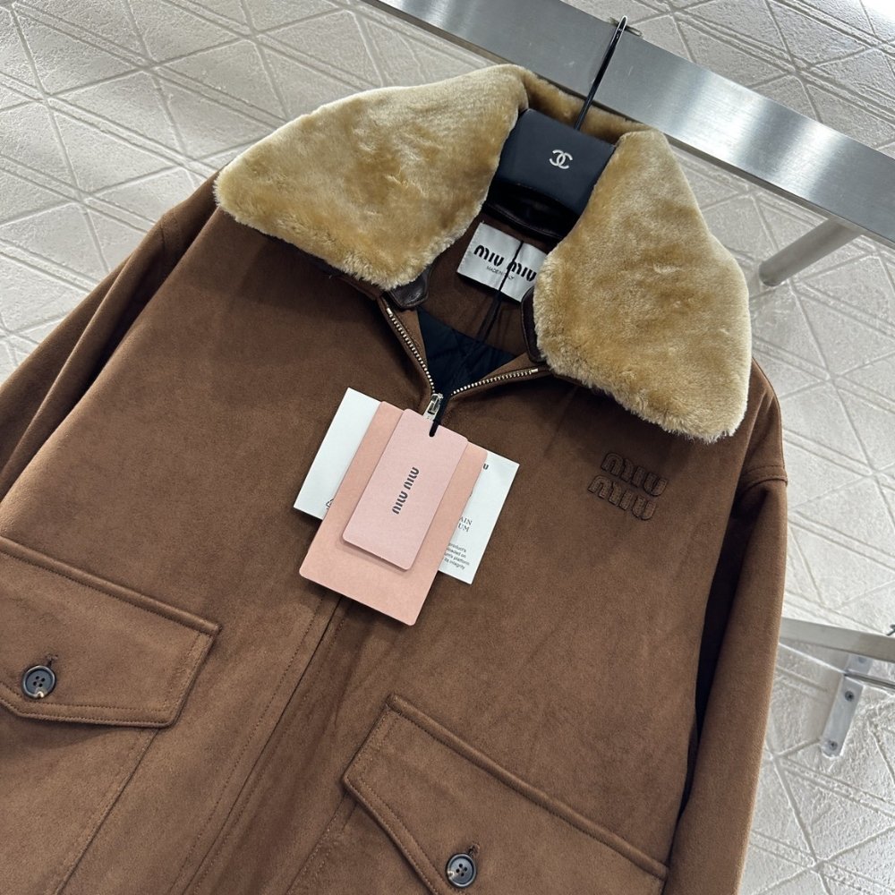 M1um1u Garment Dyed Wool Blouson With Shearling Collar Brown Ml1338 151I F0005 S Ooo