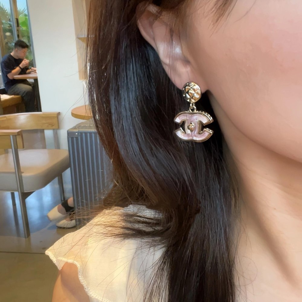 Ch**el Large Enamel Cc Dangle Earrings Light Pink