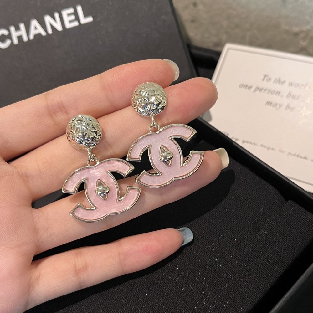 Ch**el Large Enamel Cc Dangle Earrings Light Pink