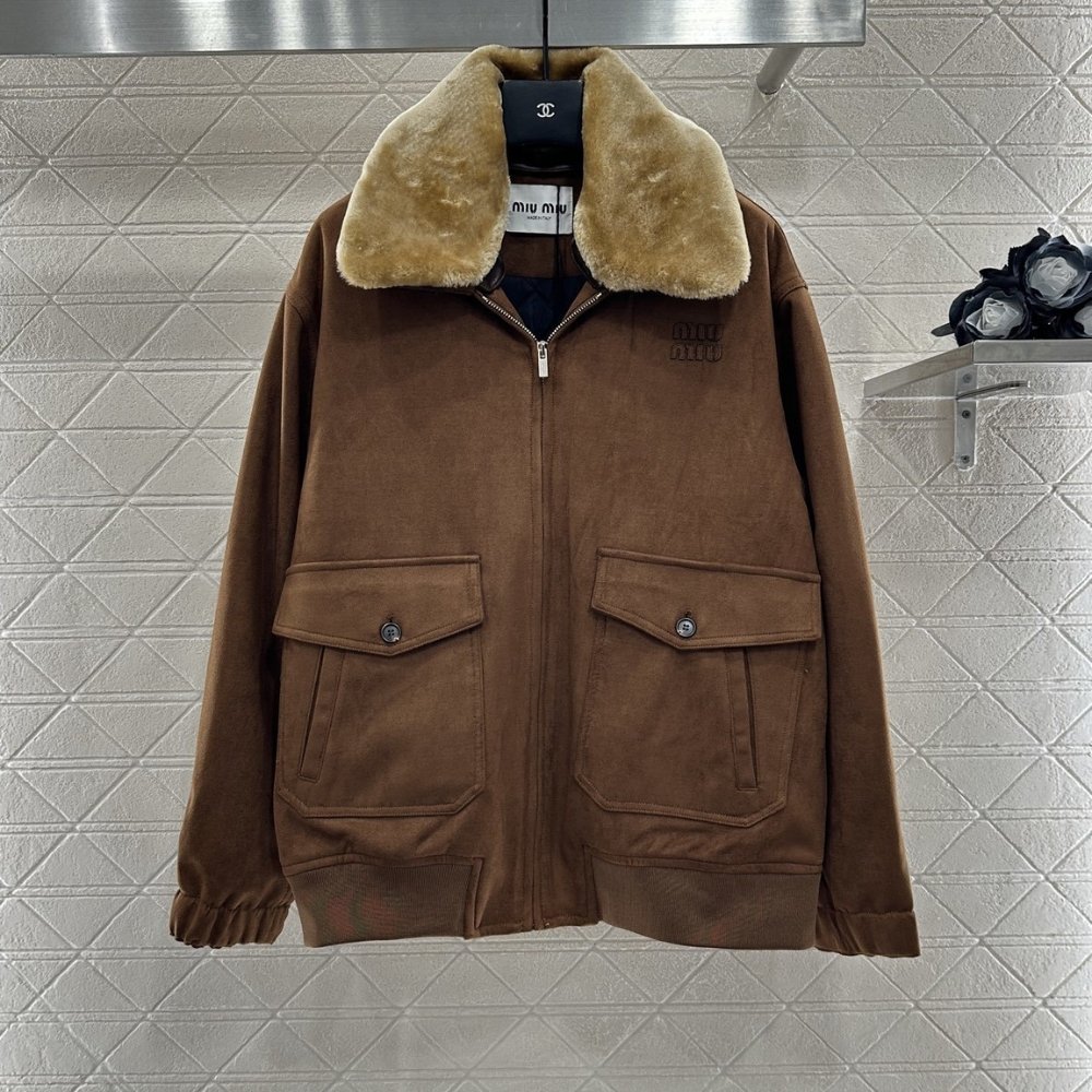 M1um1u Garment Dyed Wool Blouson With Shearling Collar Brown Ml1338 151I F0005 S Ooo