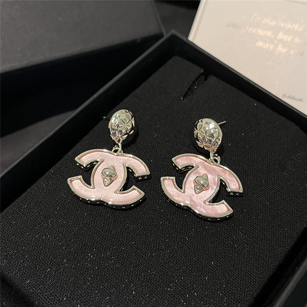 Ch**el Large Enamel Cc Dangle Earrings Light Pink