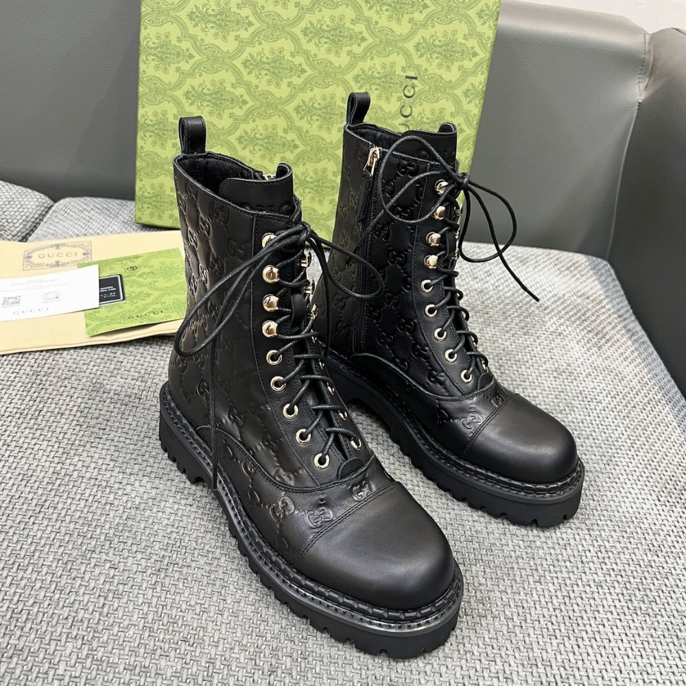 Gvc*1 Women Lace Up Ankle Boot With Gg Black Leather 840739 Aae5Q 1000