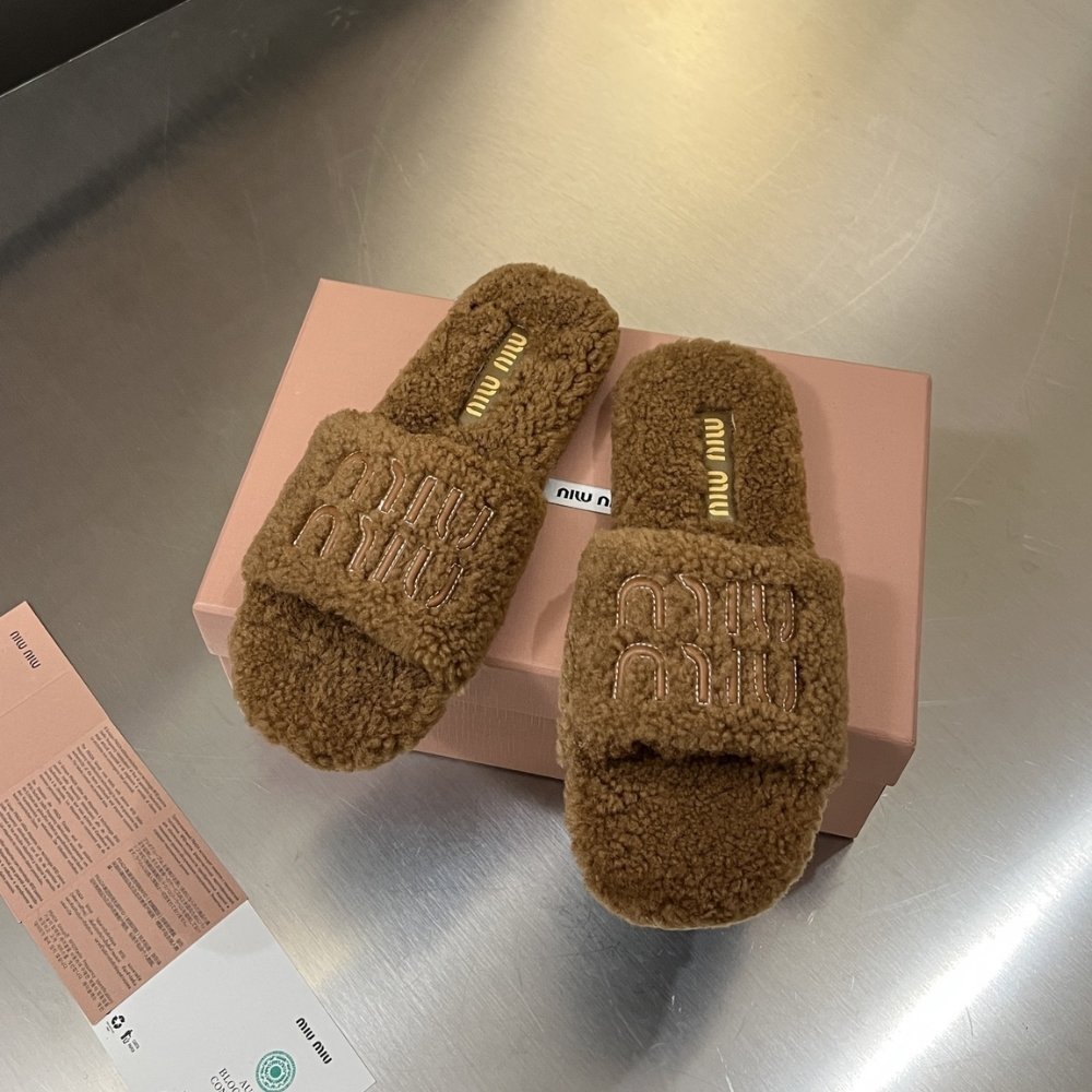 M1um1u Shearling Mules Brown