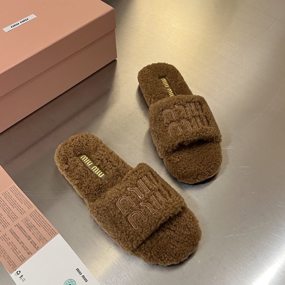 M1um1u Shearling Mules Brown
