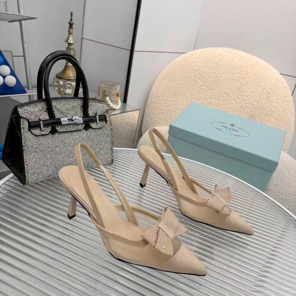 Pra*a Mesh Fabric Slingback Pumps In Beige