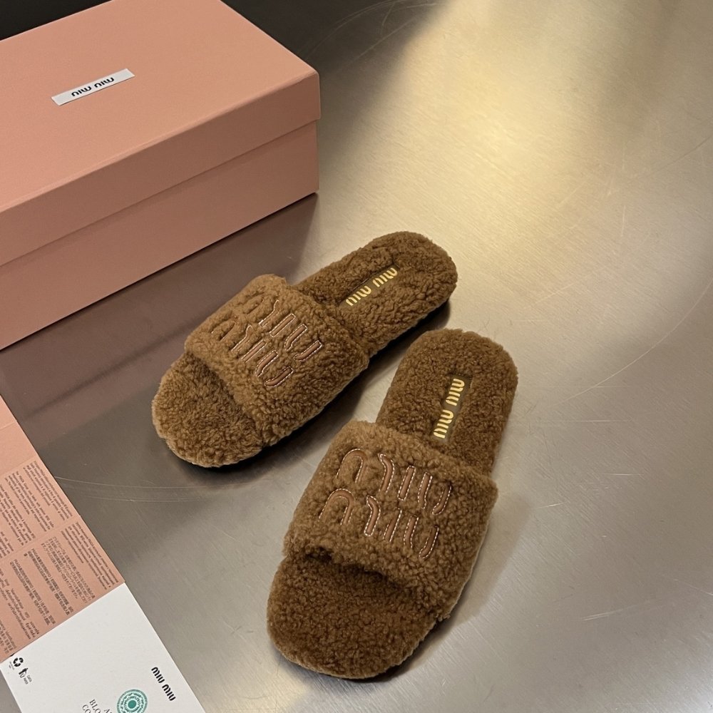 M1um1u Shearling Mules Brown