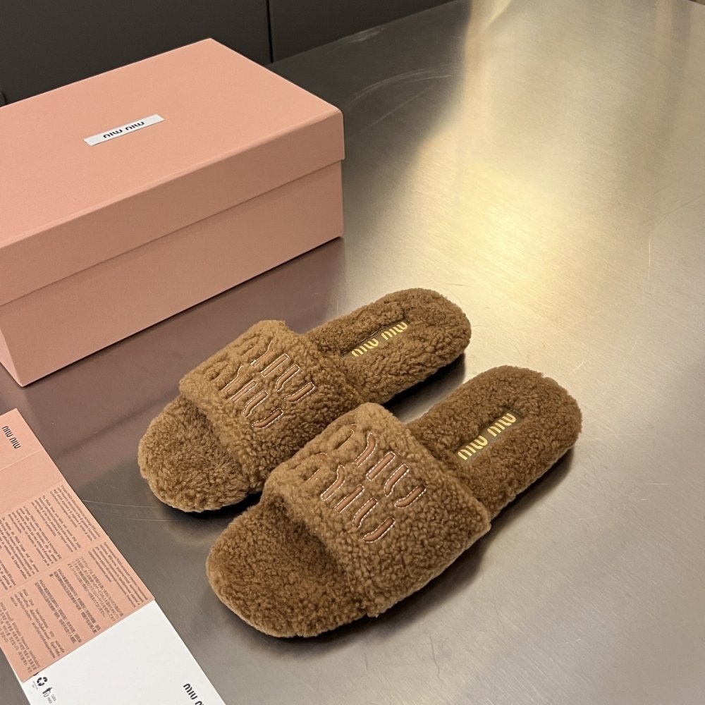 M1um1u Shearling Mules Brown