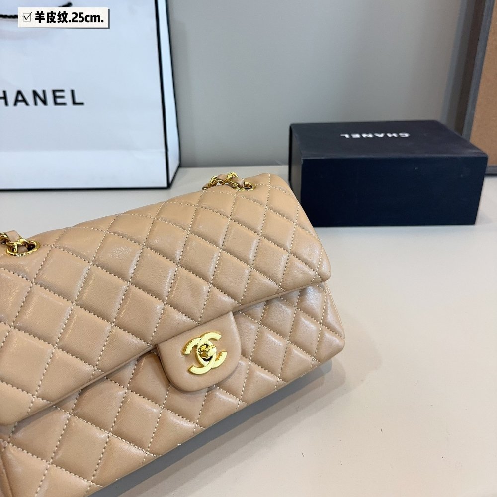 Ch**el Medium Classic Double Flap Beige Gold Hardware 25Cm