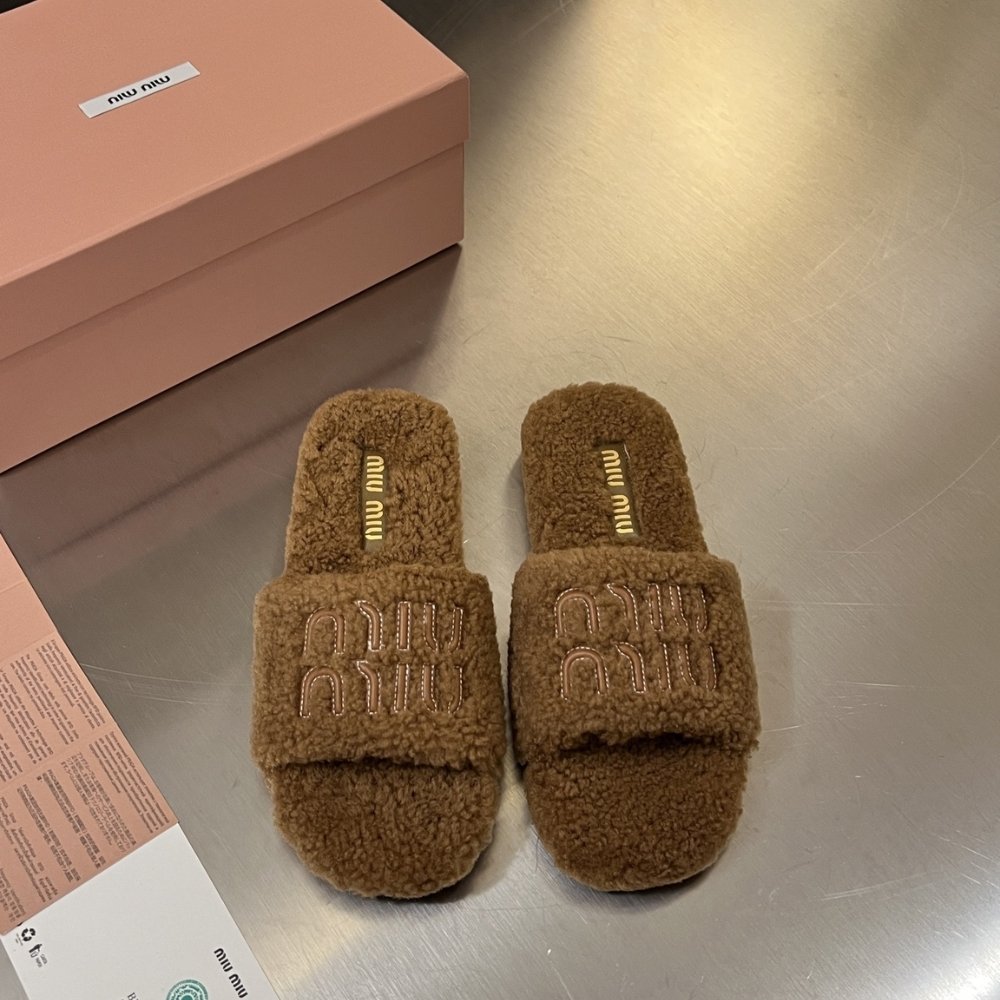 M1um1u Shearling Mules Brown