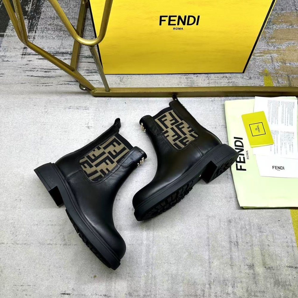 F**di Filo Boots Black Leather And Ff Fabric Biker Boots 8T8576A379F1Tog