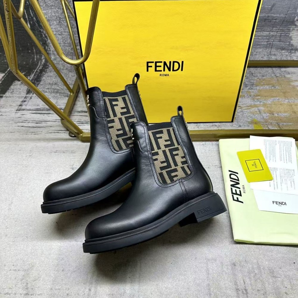 F**di Filo Boots Black Leather And Ff Fabric Biker Boots 8T8576A379F1Tog