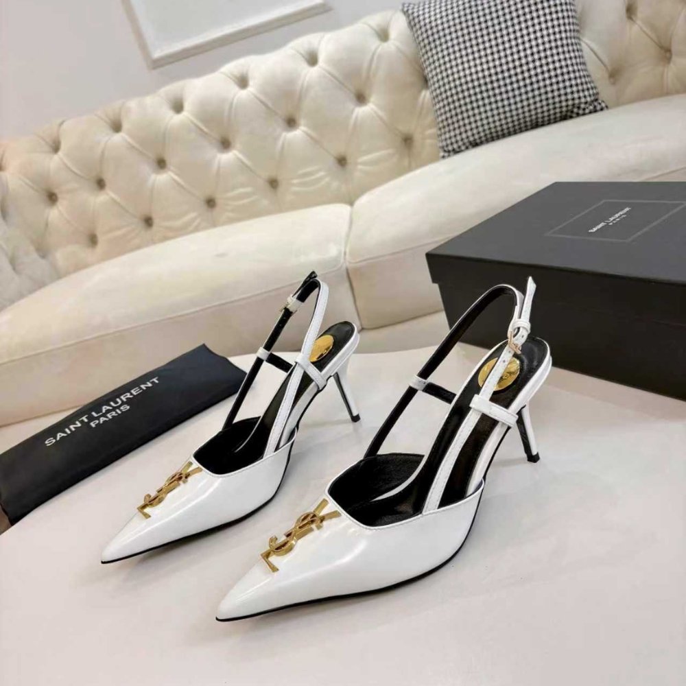 Sa1nt Lau*nt Pointed Toe Slingback Pumps With Gold Tone Metal White