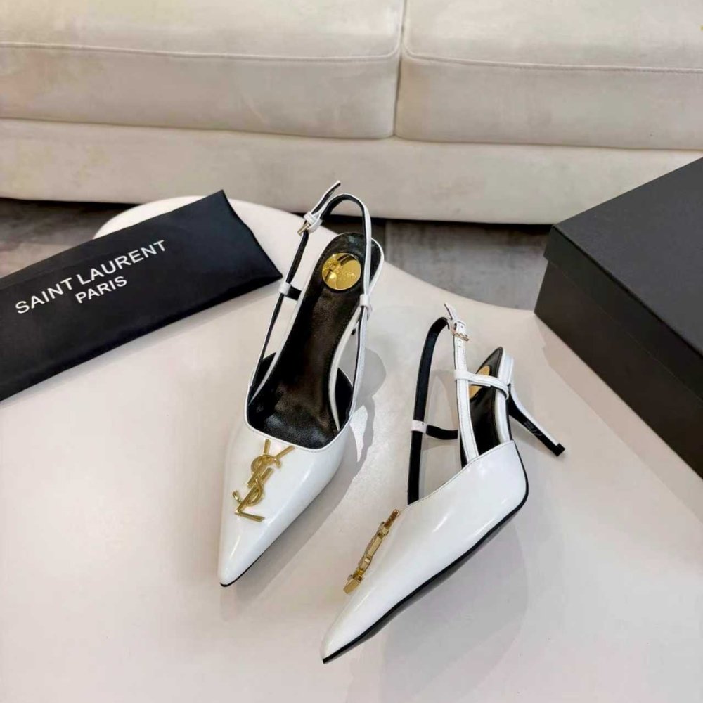 Sa1nt Lau*nt Pointed Toe Slingback Pumps With Gold Tone Metal White