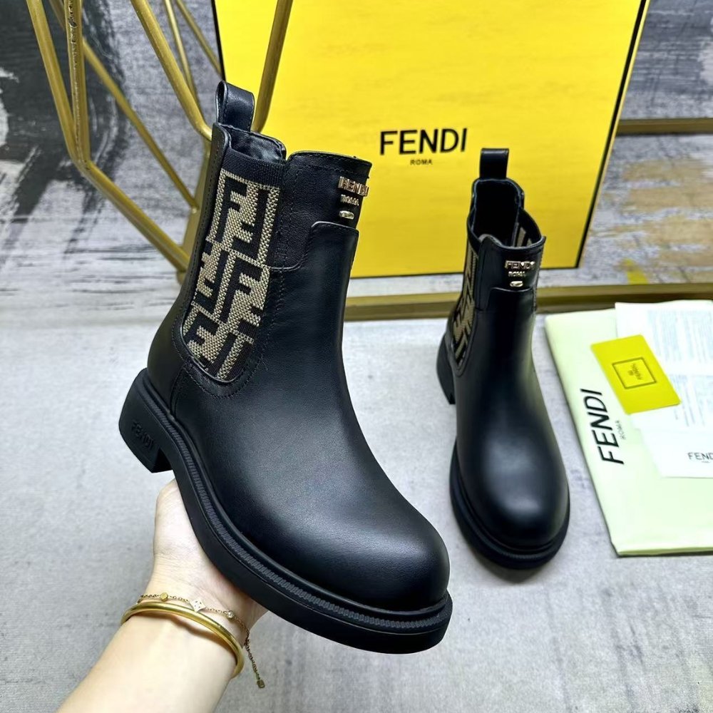 F**di Filo Boots Black Leather And Ff Fabric Biker Boots 8T8576A379F1Tog