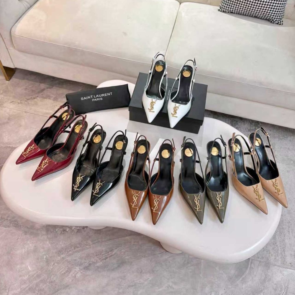Sa1nt Lau*nt Pointed Toe Slingback Pumps With Gold Tone Metal White