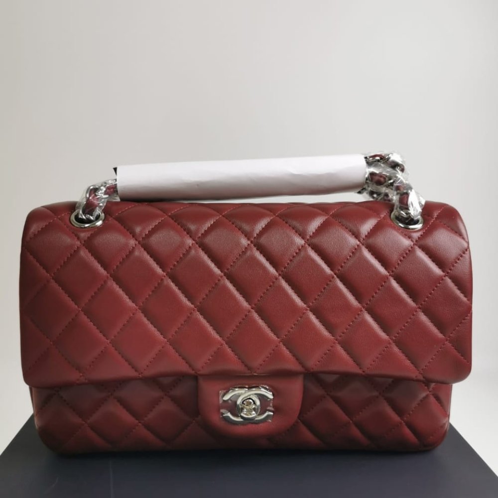 Ch**el Medium Classic Flap Bag Silver Hardware Burgundy 25Cm A01113