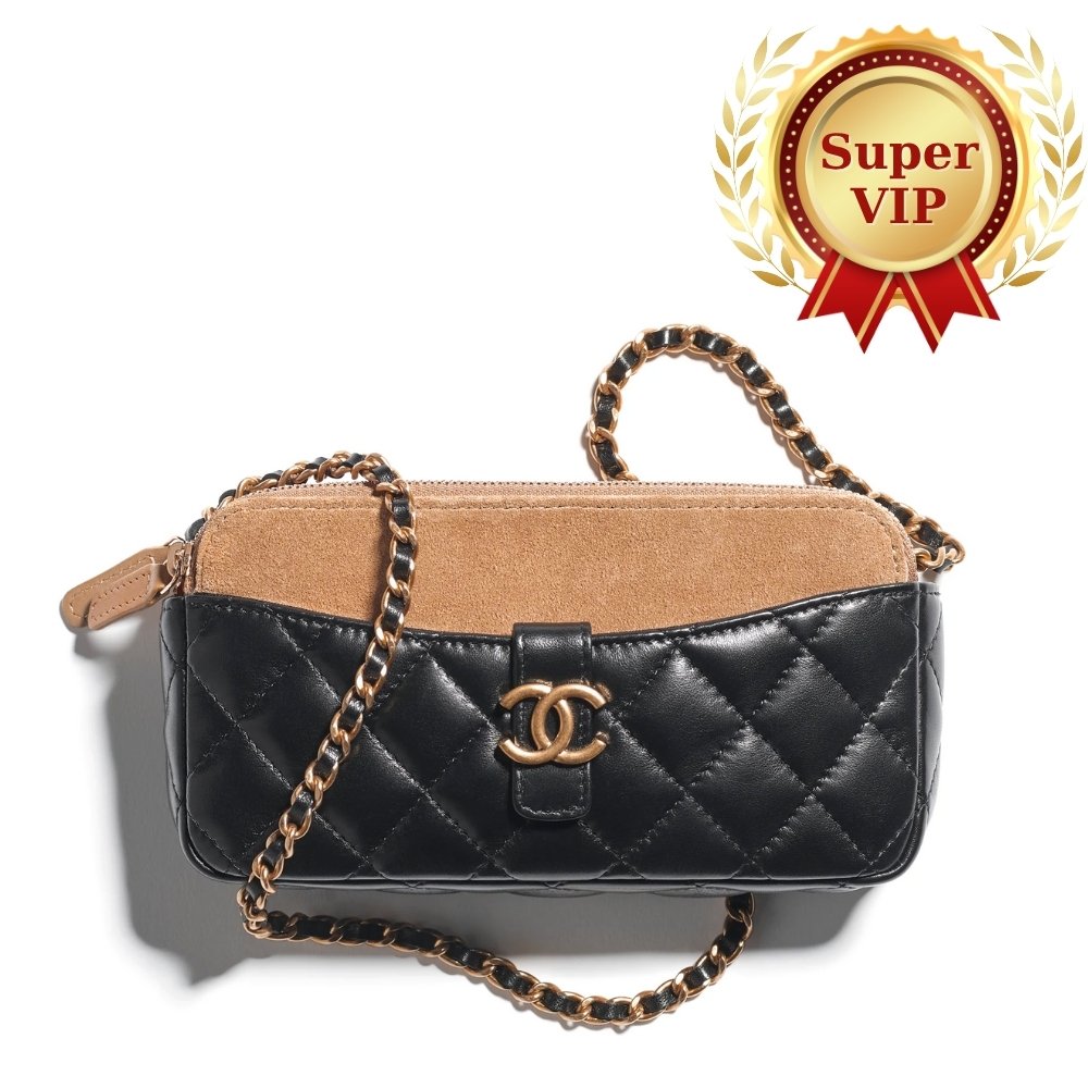 [S*per Vip 1:1] Ch**el Zipped Phone Holder With Chain Shiny And Gold Tone Metal Black Beige 18Cm Ap4743 B20685 U1546