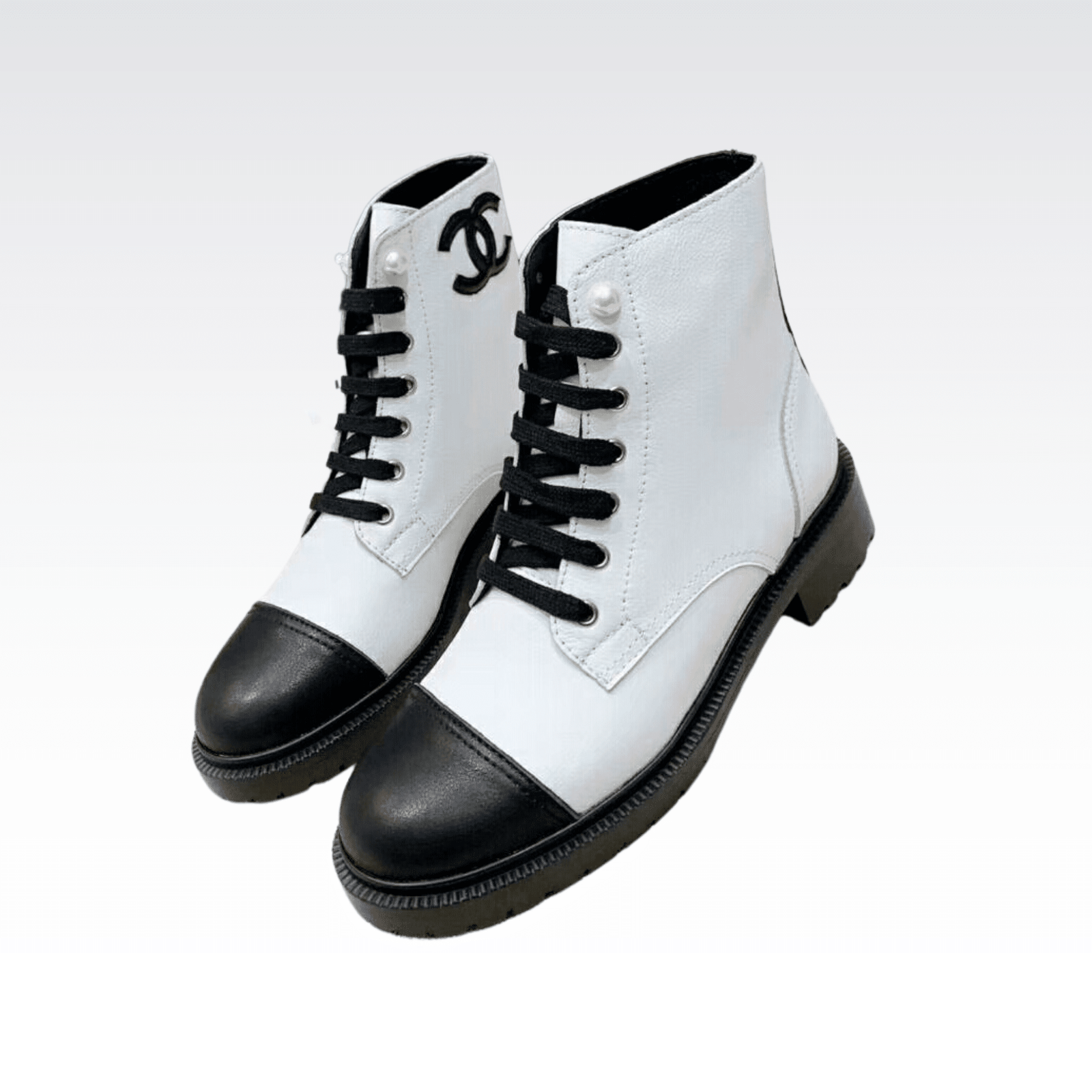 Ch**el White Pearl Logo Cc Combat Lace Up Tie Ankle Boots G36209