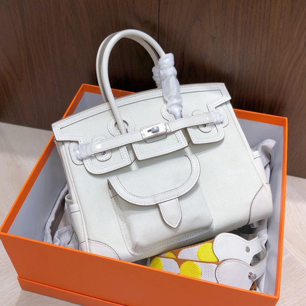 H**me5 Birkin Cargo 25 Travel Bag White Toile Goeland 25Cm
