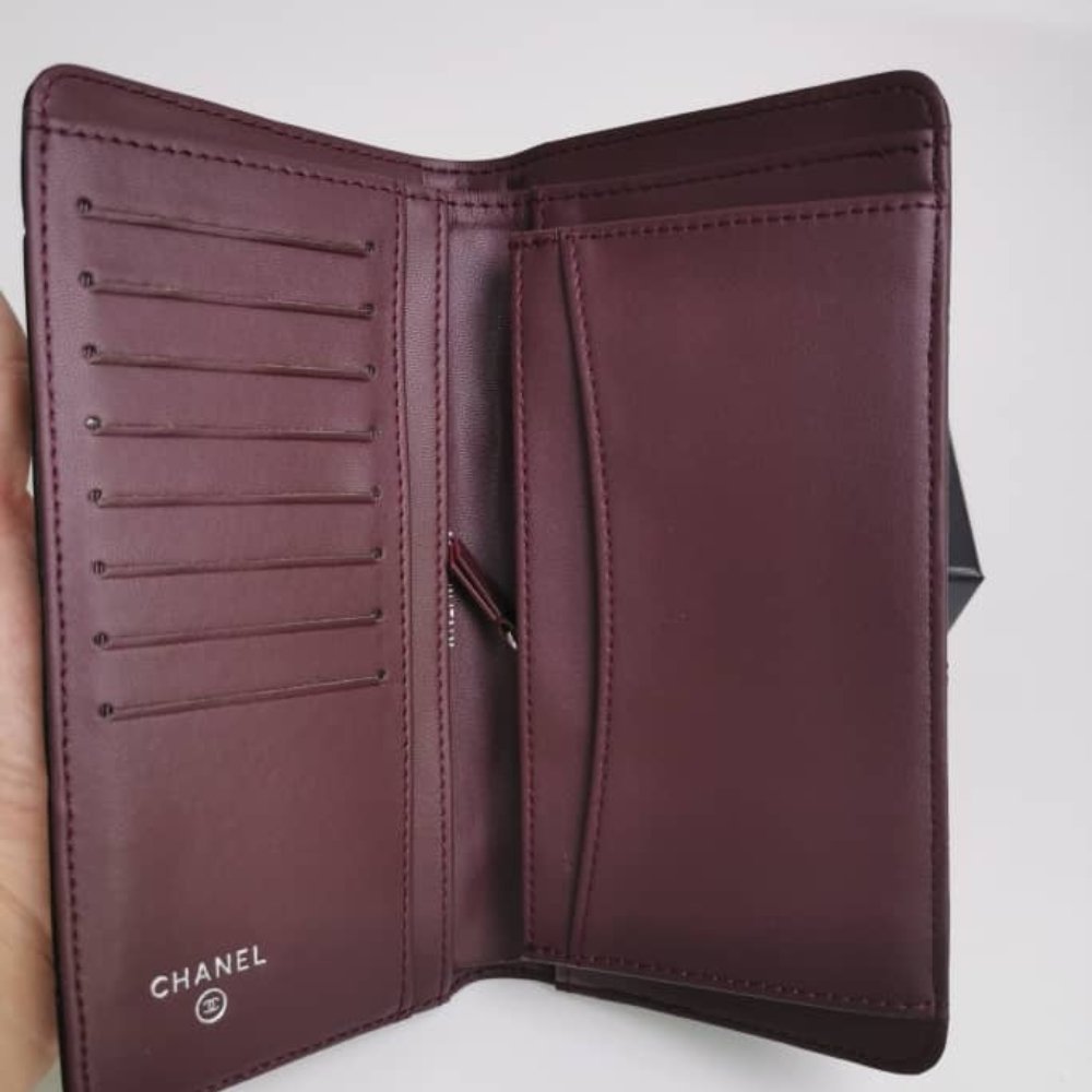 Ch**el Quilted Classic Long Flap Wallet With Silver Hardware Black 19Cm