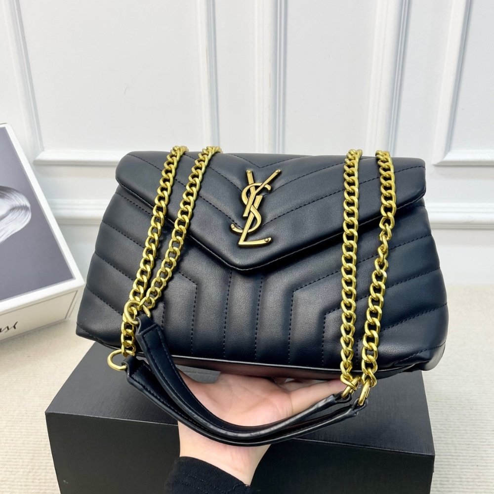 Sa1nt Lau*nt Loulou Medium Chain Bag In Matelassé Y Leather Black Gold 26Cm