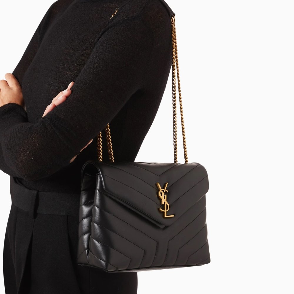 Sa1nt Lau*nt Loulou Medium Chain Bag In Matelassé Y Leather Black Gold 26Cm
