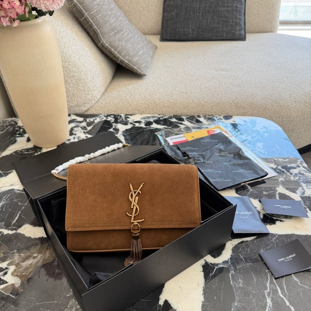 Sa1nt Lau*nt Kate Medium Tassel Crossbody Bag In Brown Suede Leather With Gold Tone 22Cm