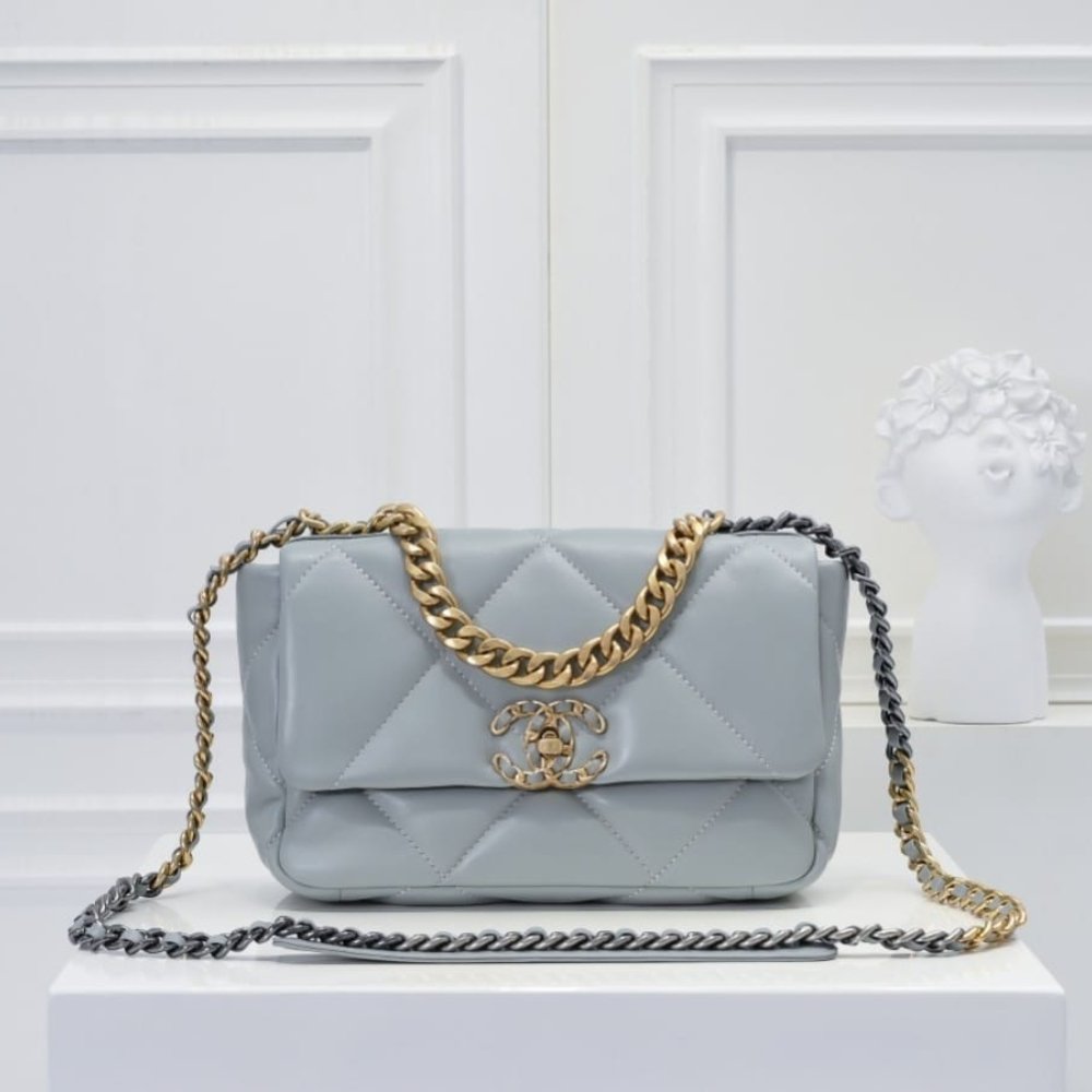 Ch**el 19 Flap Bag Shiny Gold And Silver Tone Light Blue 26Cm