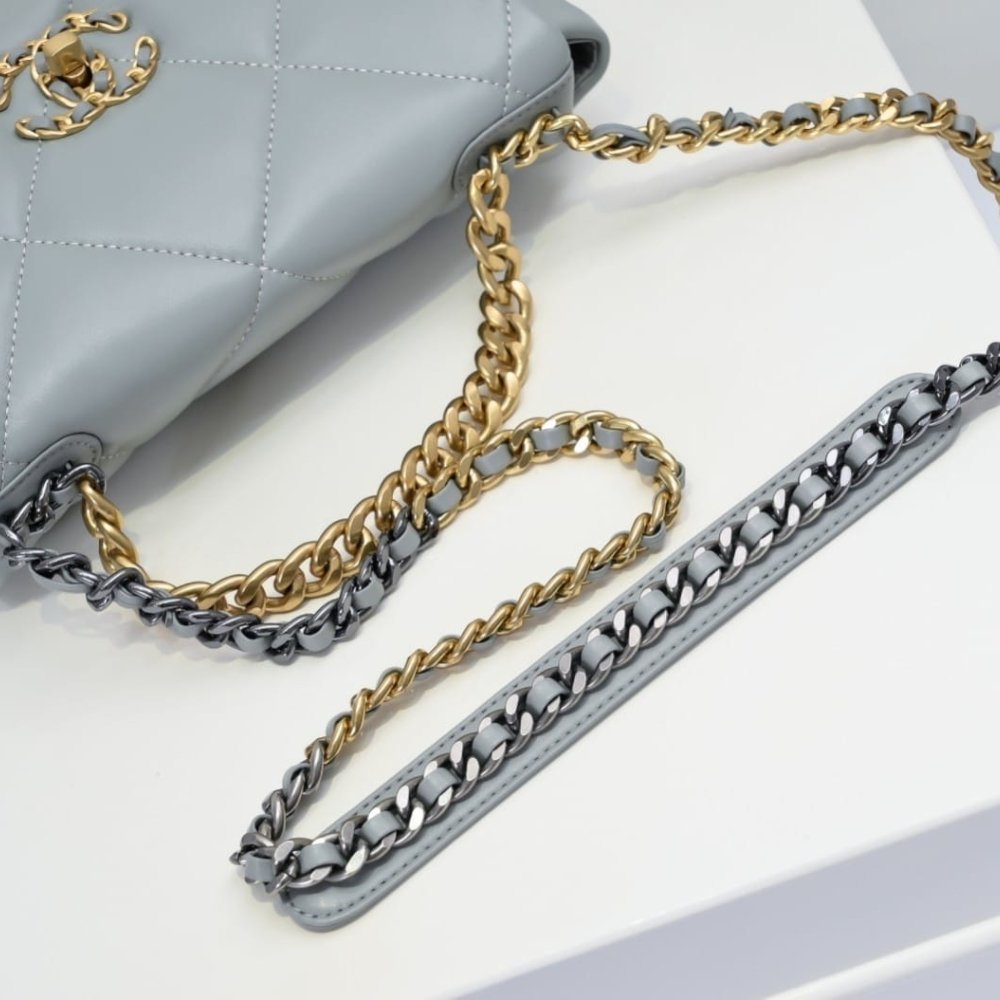 Ch**el 19 Flap Bag Shiny Gold And Silver Tone Light Blue 26Cm