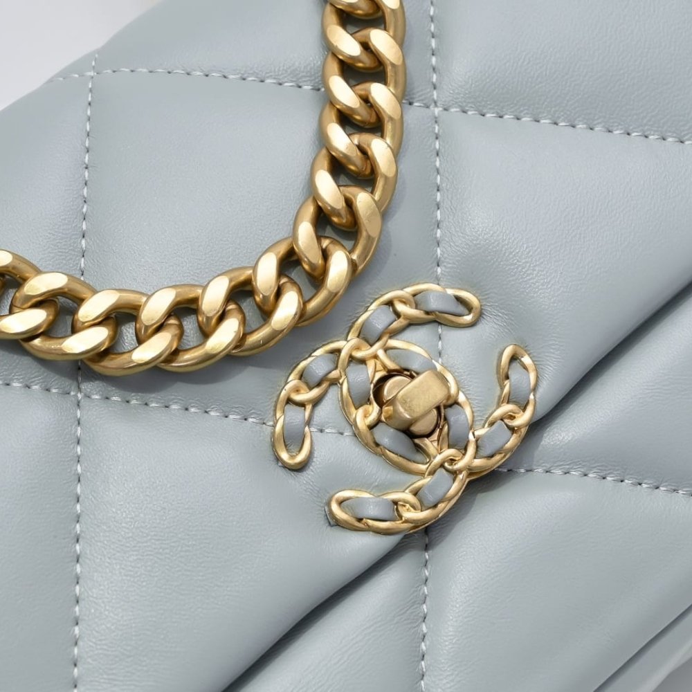 Ch**el 19 Flap Bag Shiny Gold And Silver Tone Light Blue 26Cm