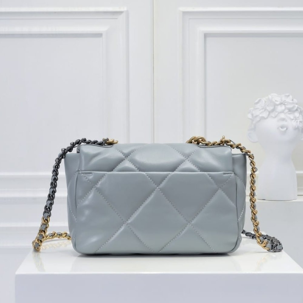 Ch**el 19 Flap Bag Shiny Gold And Silver Tone Light Blue 26Cm