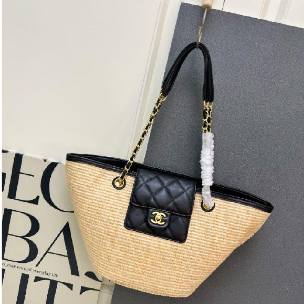 [S*per Vip 1:1] Ch**el Small Shopping Bag Braided Straw And Gold Tone Metal Beige 23Cm AS5951 B22647 U6027