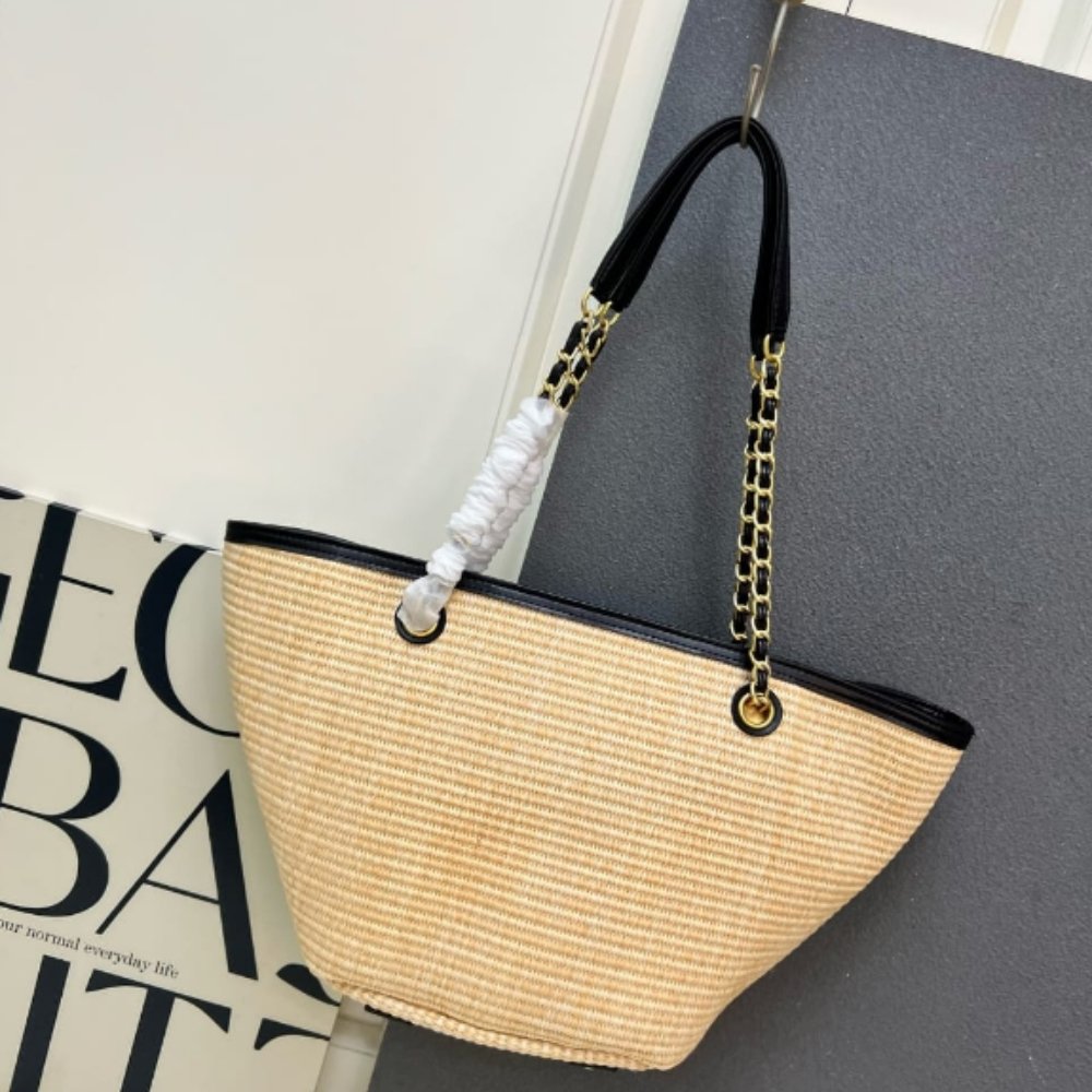 [S*per Vip 1:1] Ch**el Small Shopping Bag Braided Straw And Gold Tone Metal Beige 23Cm AS5951 B22647 U6027
