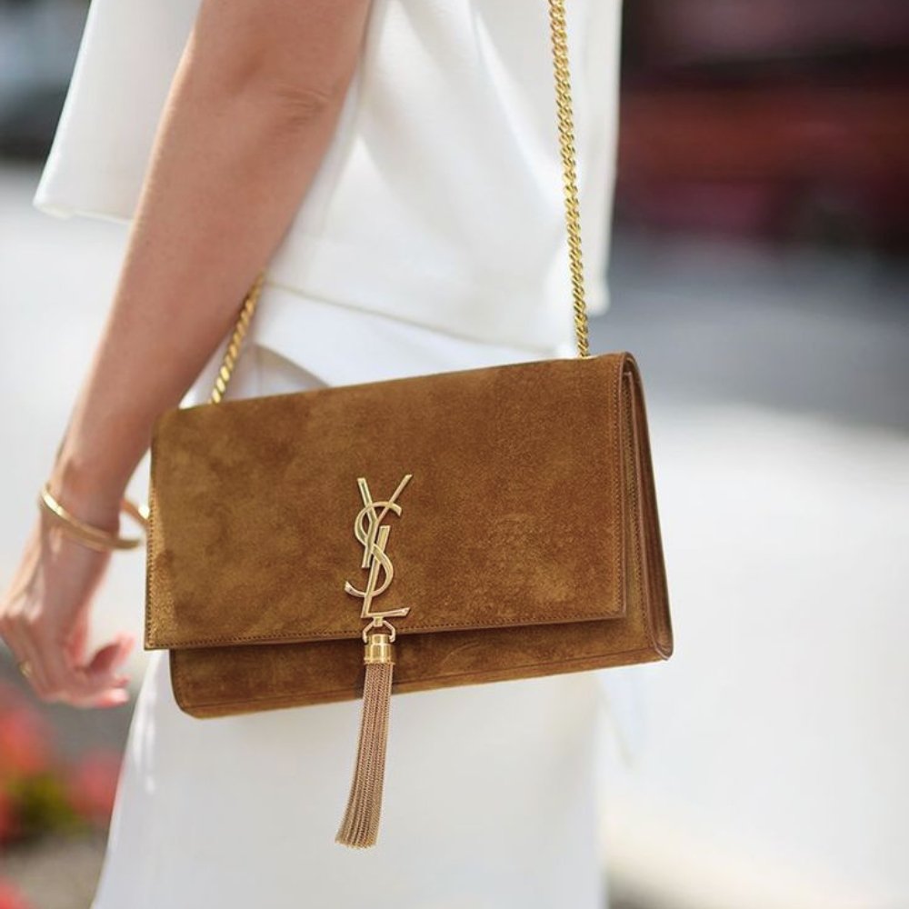 Sa1nt Lau*nt Kate Medium Tassel Crossbody Bag In Brown Suede Leather With Gold Tone 22Cm