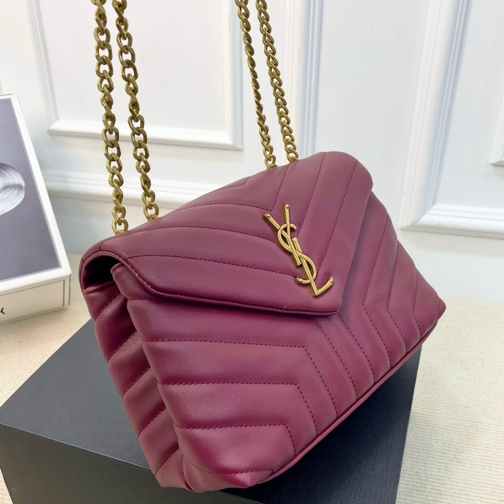 Sa1nt Lau*nt Loulou Medium Chain Bag In Matelassé Y Leather Burgundy Gold 26Cm