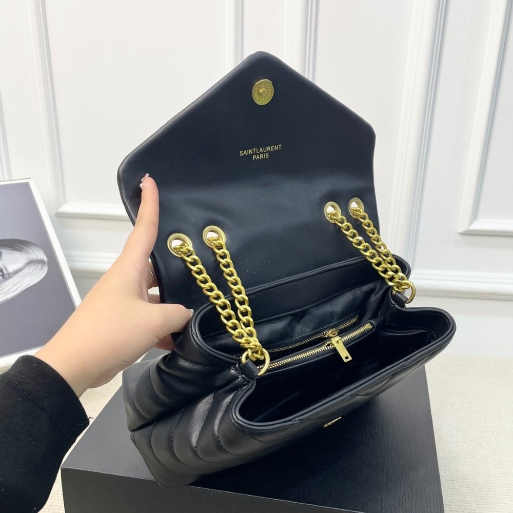Sa1nt Lau*nt Loulou Medium Chain Bag In Matelassé Y Leather Black Gold 26Cm