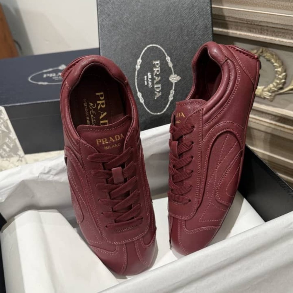 [S*per Vip 1:1] Pra*a Montecarlo Re Edition 2005 Antiqued Nappa Leather Sneakers Burgundy 4E1165 EFX F0007 F G000